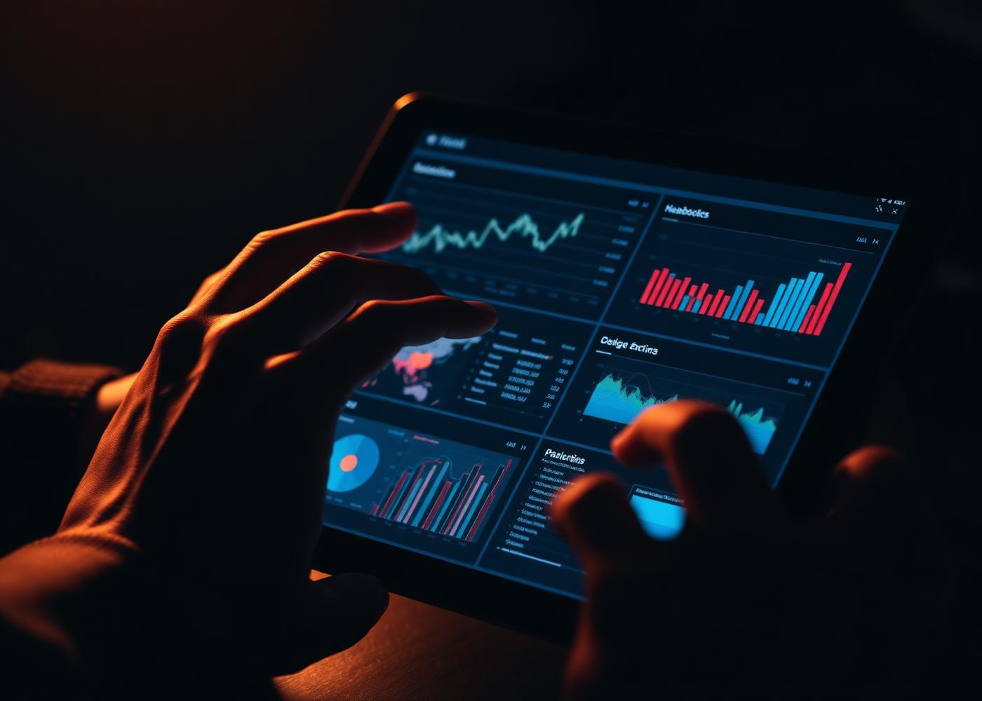 Hands reviewing an analytics dashboard on a tablet in low light