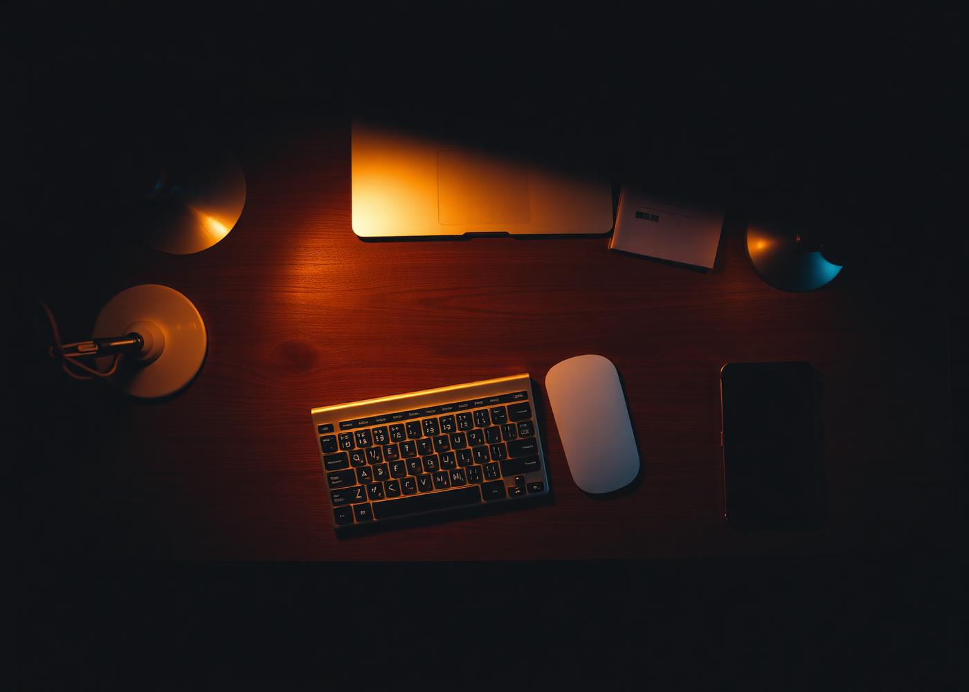 Overhead view of a developer workstation with keyboard and warm desk lamp