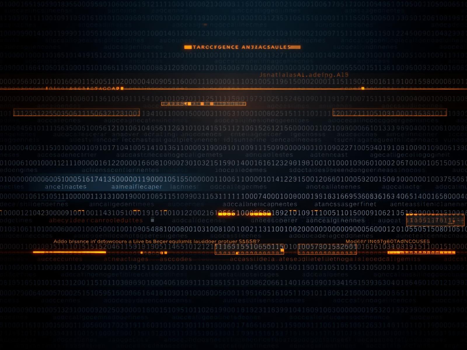 Layered translucent code interfaces glowing amber against a dark background