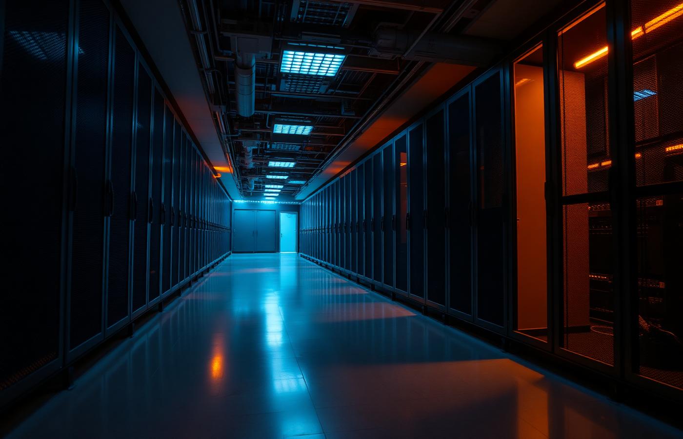 Data center corridor at night lit by cool blue and amber accent lights